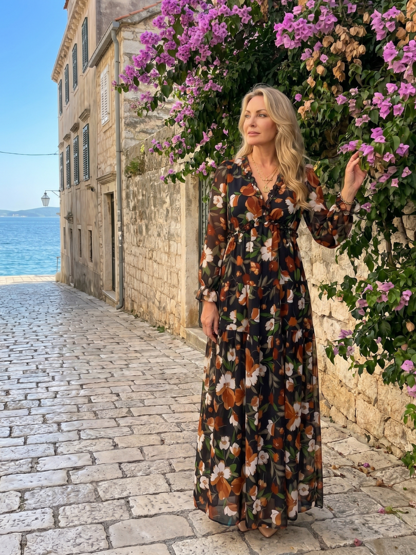 Adele | Maxikleid mit Blütendruck in Koralle
