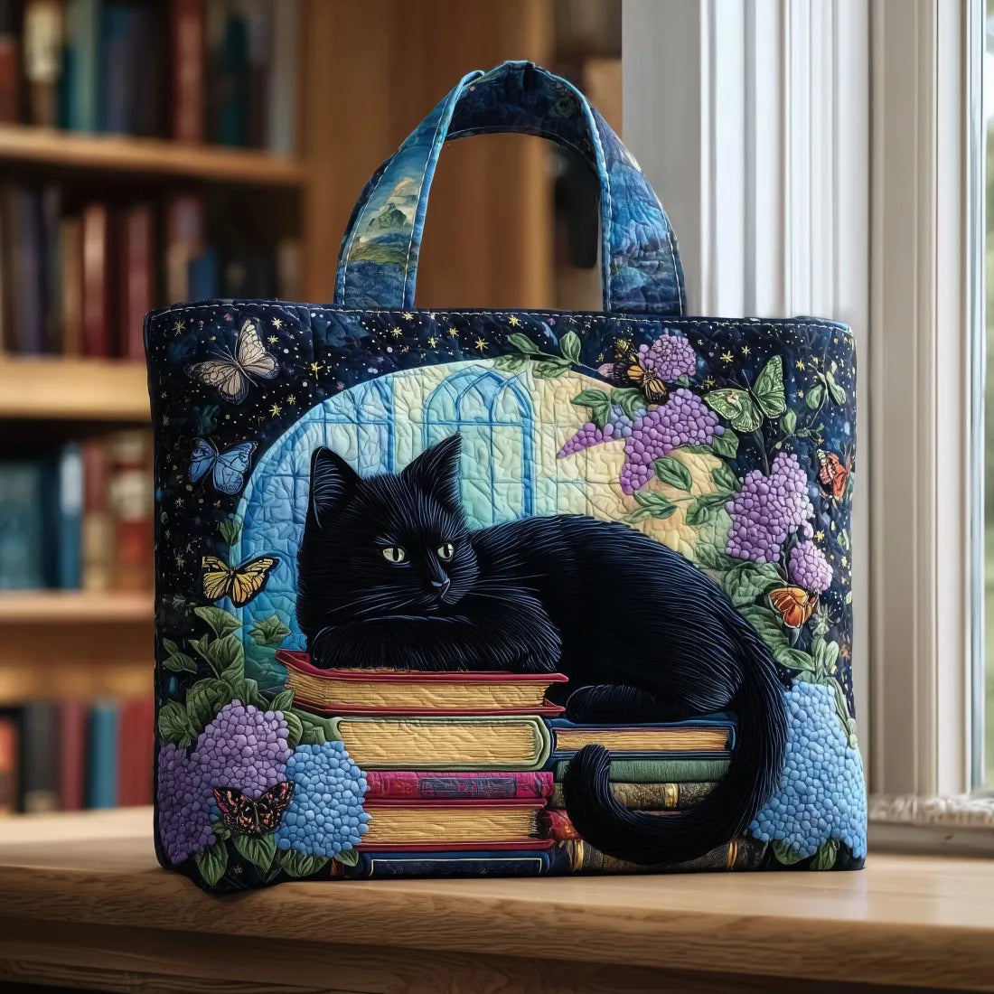 Magdalene | Gesteppte Tragetasche mit Motiv Schwarze Katze auf Büchern
