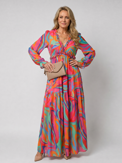 Adele | Maxikleid mit Blütendruck in Koralle