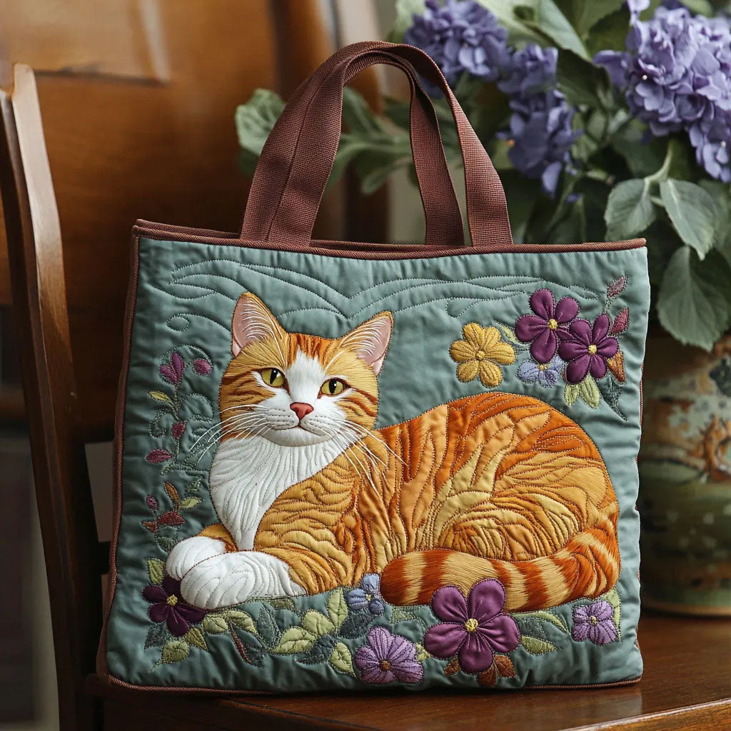 Birthe | Gesteppte Tragetasche mit Motiv Rotgetigerte Katze mit Blumen