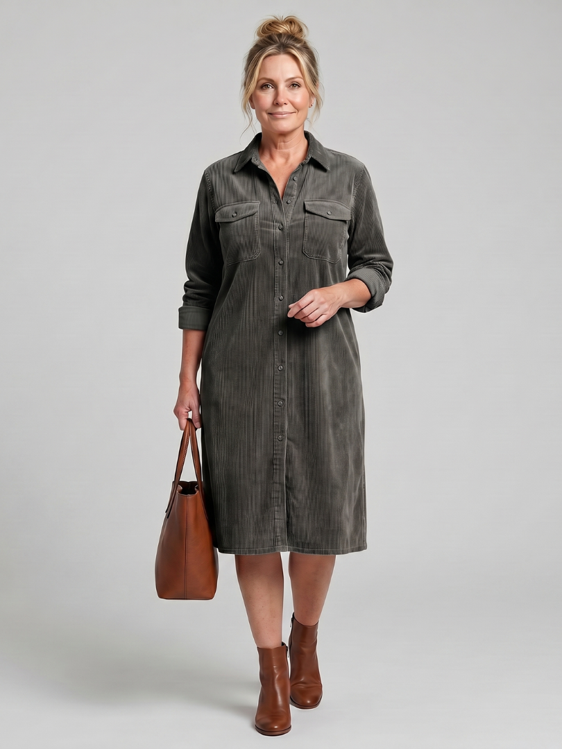 Beatrix | Hemdblusenkleid in Camel aus Cordoptik