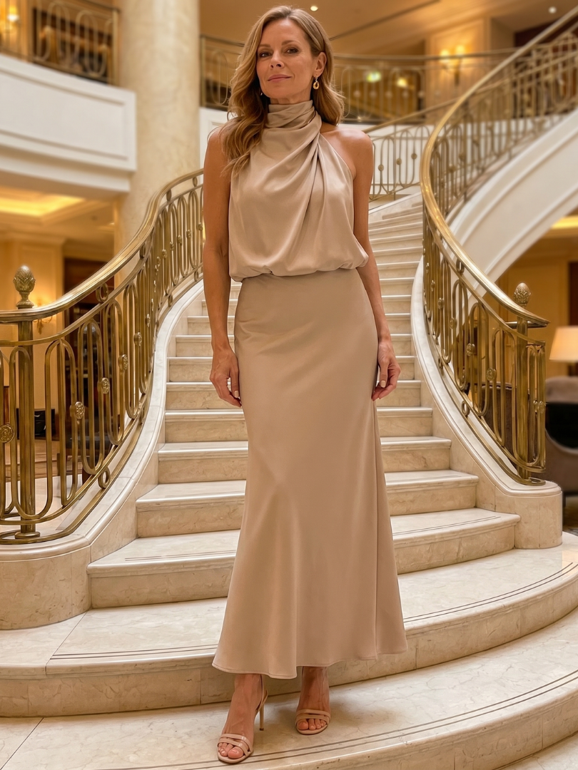 Waldtraut | Maxikleid in Bordeaux mit drapiertem Kragen