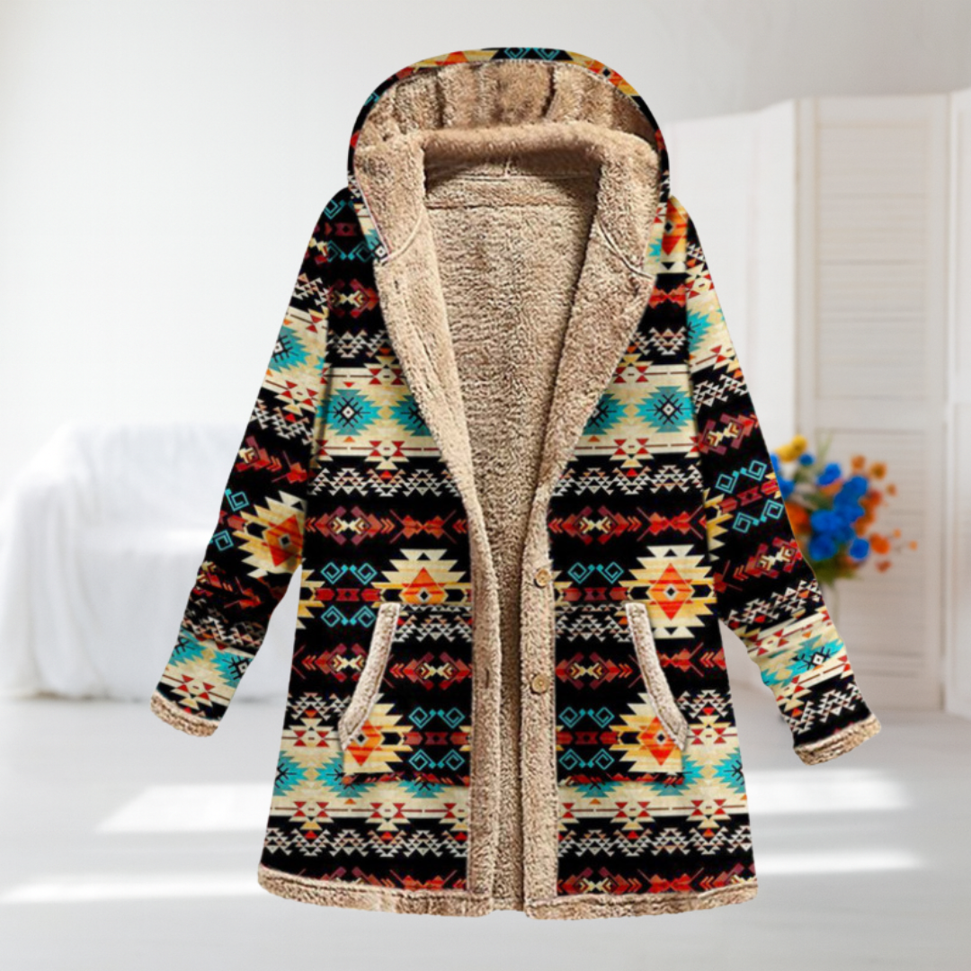 Alison | Schwarzer Kapuzenmantel mit geometrischem Muster