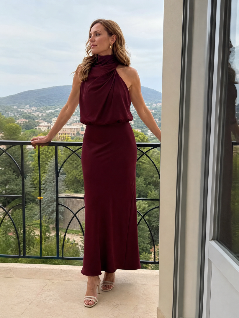 Waldtraut | Maxikleid in Bordeaux mit drapiertem Kragen