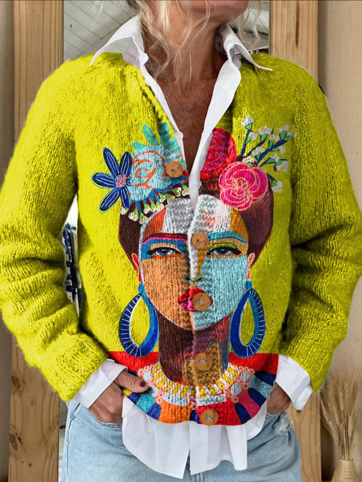 Gerda | Strickjacke mit künstlerischem Porträtprint