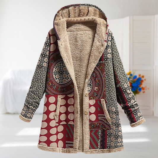 Jacqueline | Bordeauxroter Patchwork-Kapuzenmantel