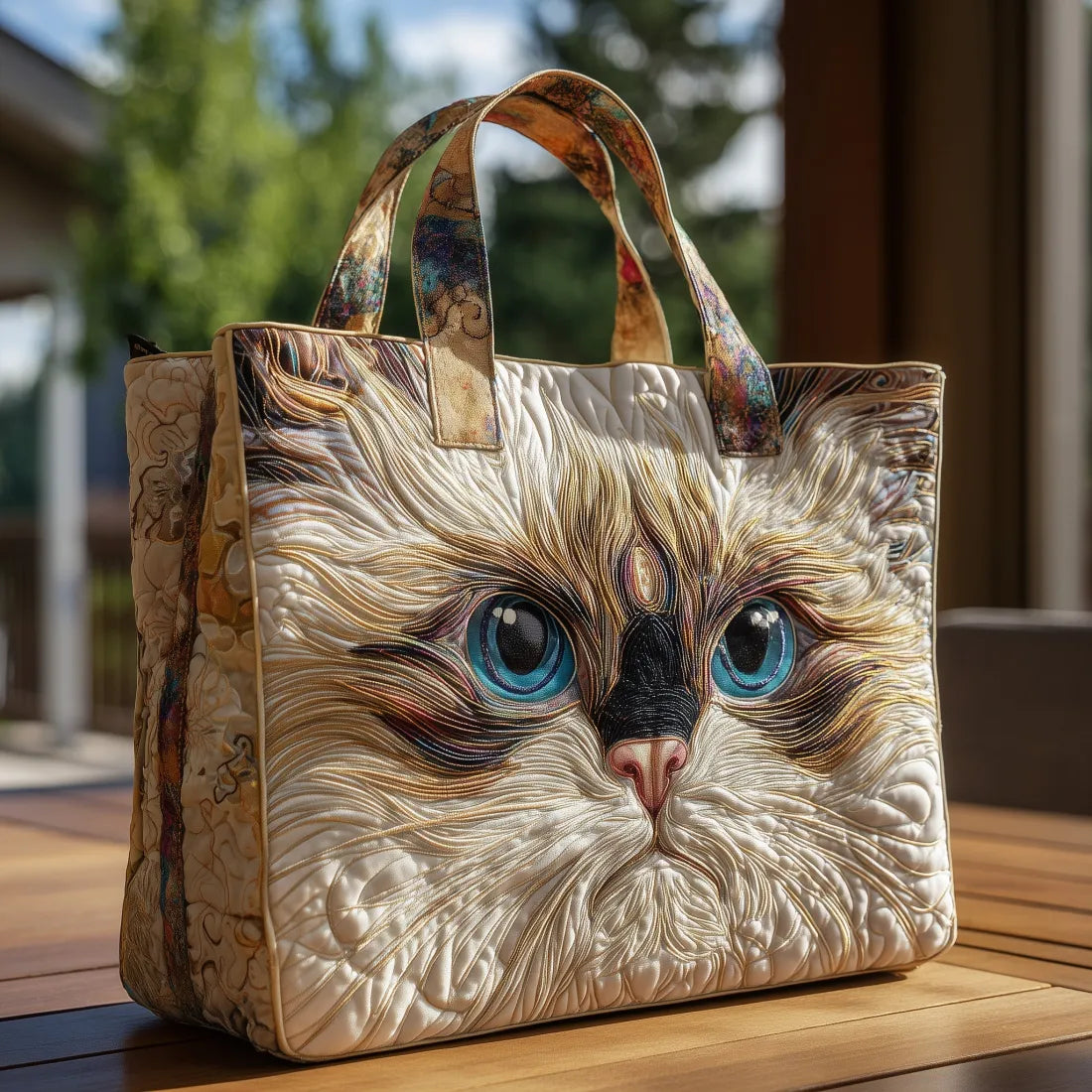 Kirsten | Gesteppte Tragetasche mit Motiv Weiße Katze mit blauen Augen