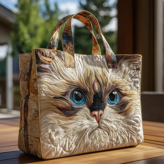 Kirsten | Gesteppte Tragetasche mit Motiv Weiße Katze mit blauen Augen