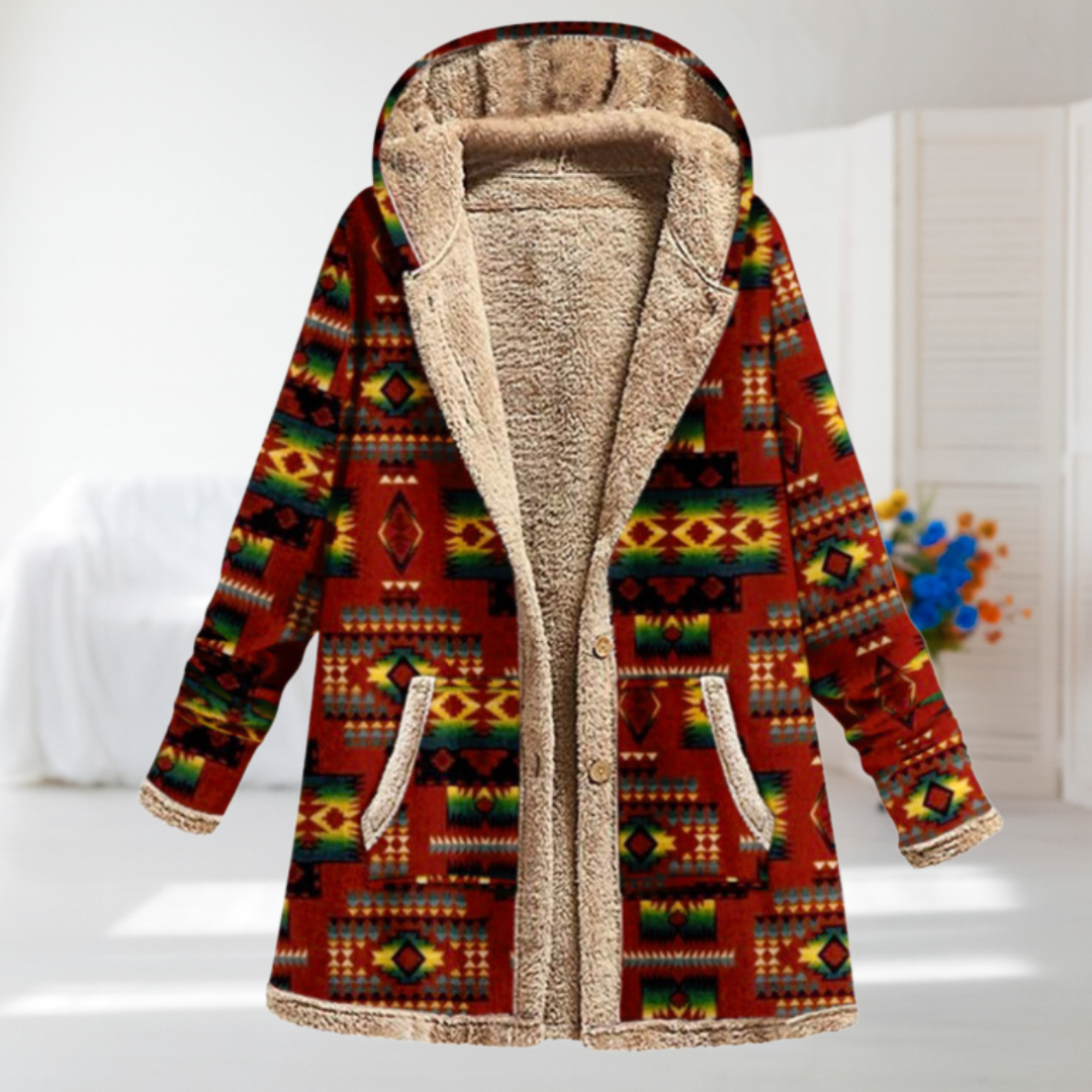 Helen | Roter Kapuzenmantel mit geometrischem Muster