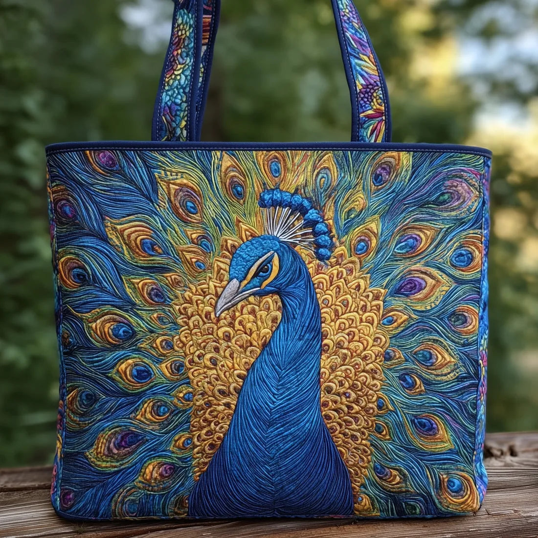 Hiltrud | Gesteppte Tragetasche mit Motiv Königlicher Pfau