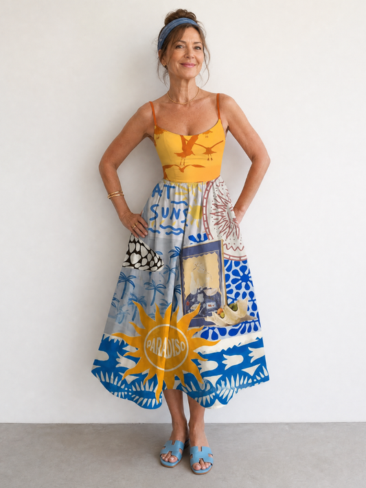 Veronika | Midikleid mit mediterranem Druck in Gelb und Blau