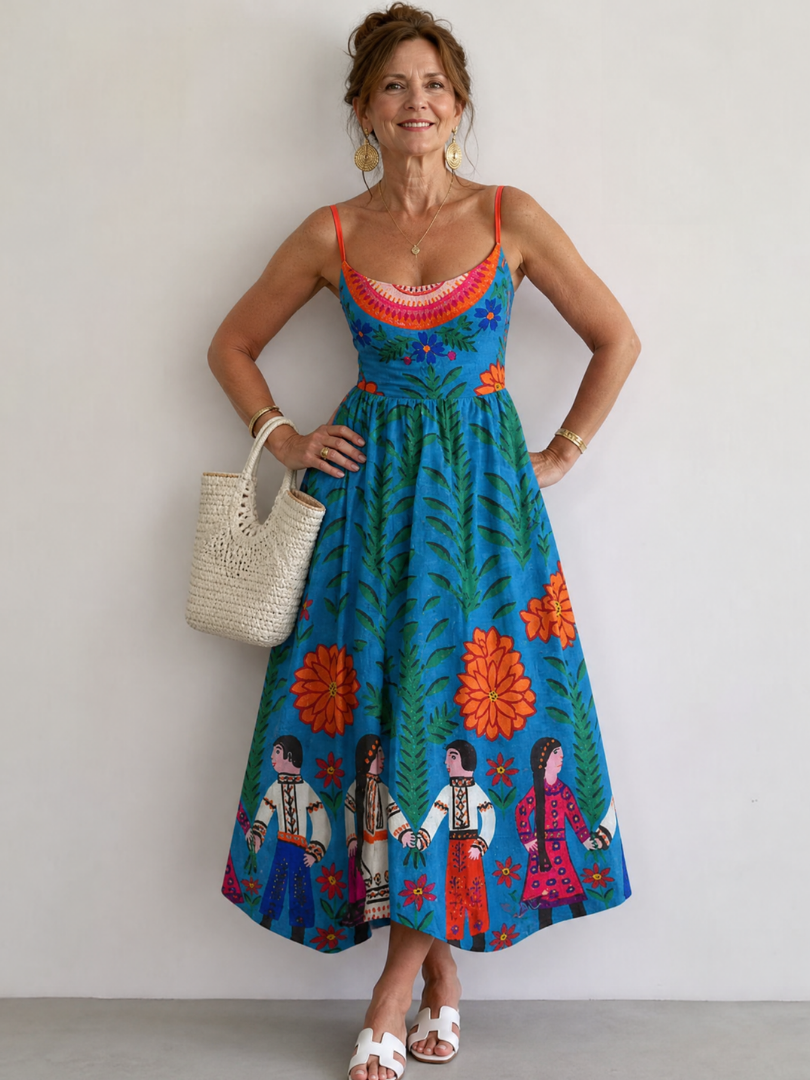Britta | Midikleid mit Folklore-Druck in Blau