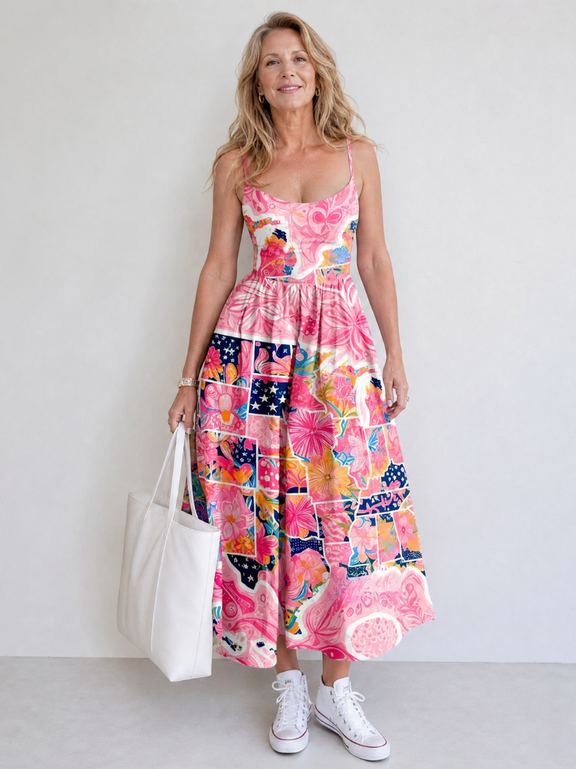 Renate | Midikleid mit Blumen-Patchwork in Rosa