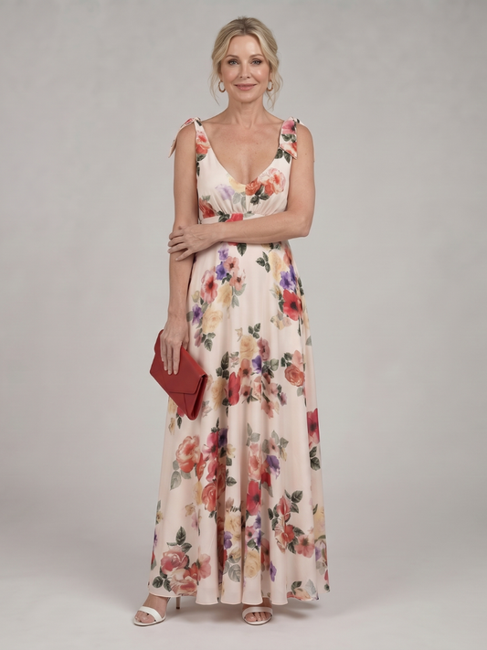 Berthilde | Maxikleid mit Rosendruck auf Creme