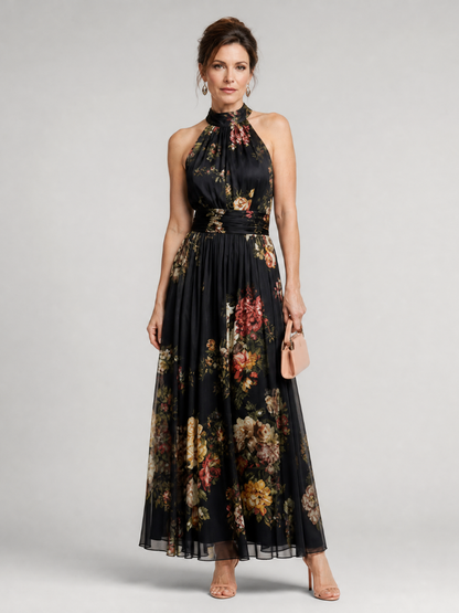 Roswitha-Luise | Maxikleid mit Rosendruck auf Schwarz