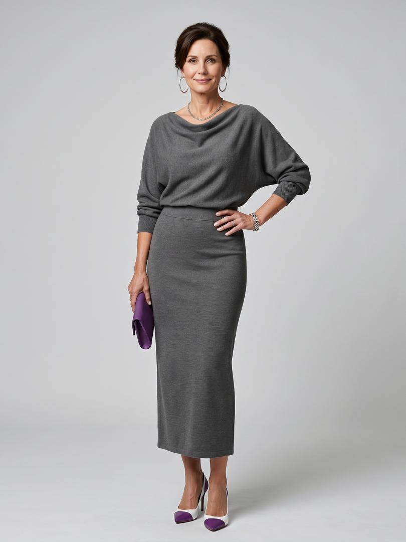 Reinhilde | Strickkleid in Grau mit Wasserfallausschnitt