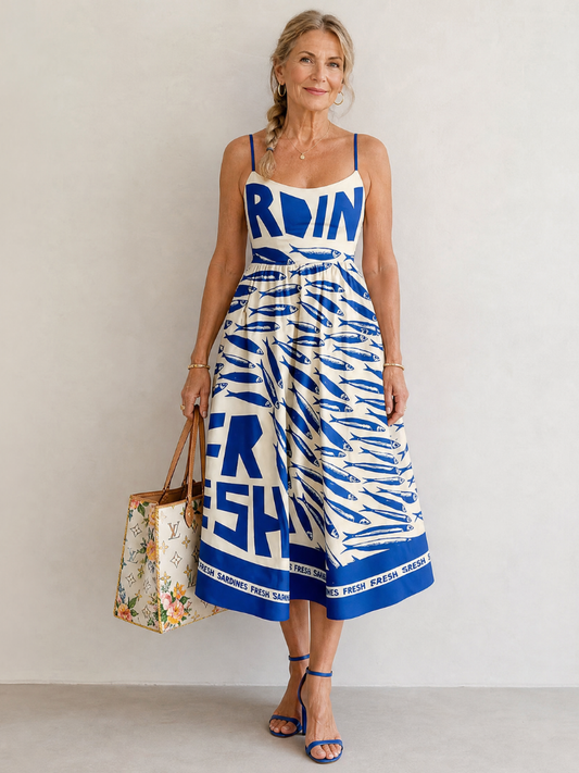 Anke | Midikleid mit Fischmuster in Blau