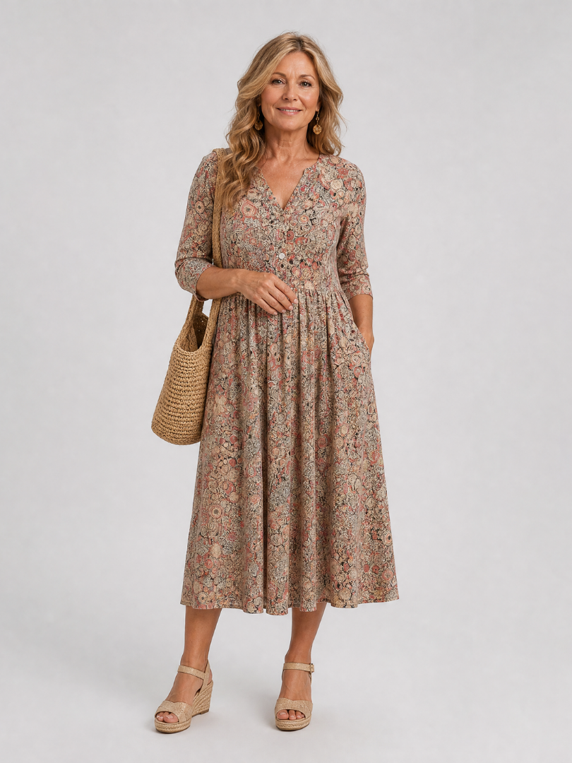 Kordelia | Midikleid mit Streublüten in Beige