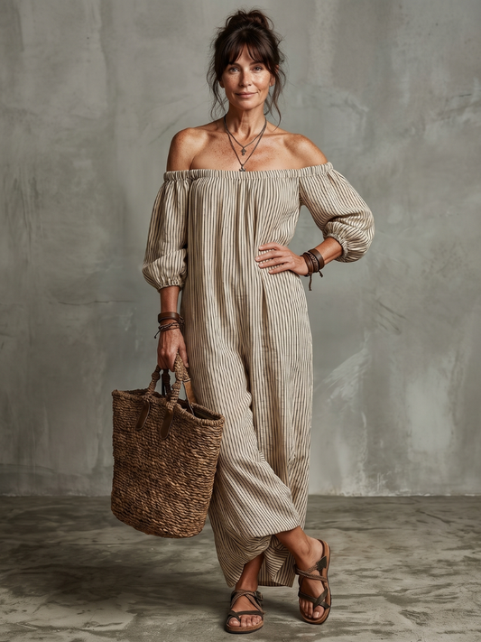 Malvine | Schulterfreies Maxikleid mit Streifen