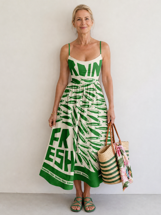 Jutta | Midikleid mit Fischdruck in Grün