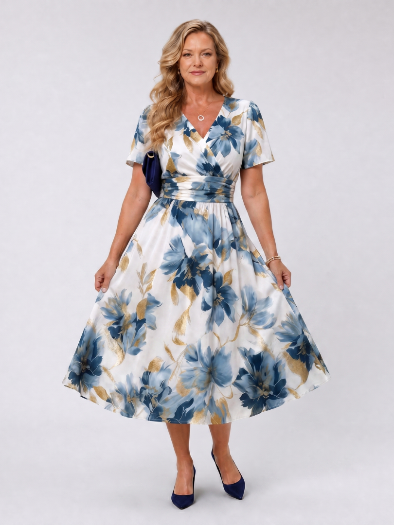 Isabella | Midikleid mit Blütendruck in Blau