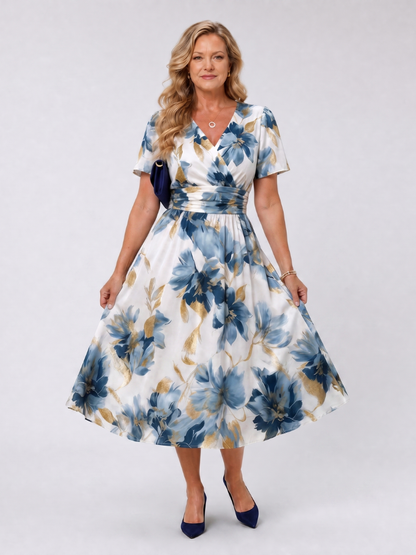 Isabella | Midikleid mit Blütendruck in Blau