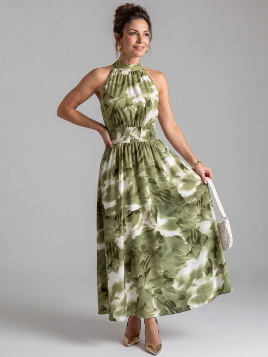 Gundula-Marie | Midikleid mit Aquarelldruck in Oliv