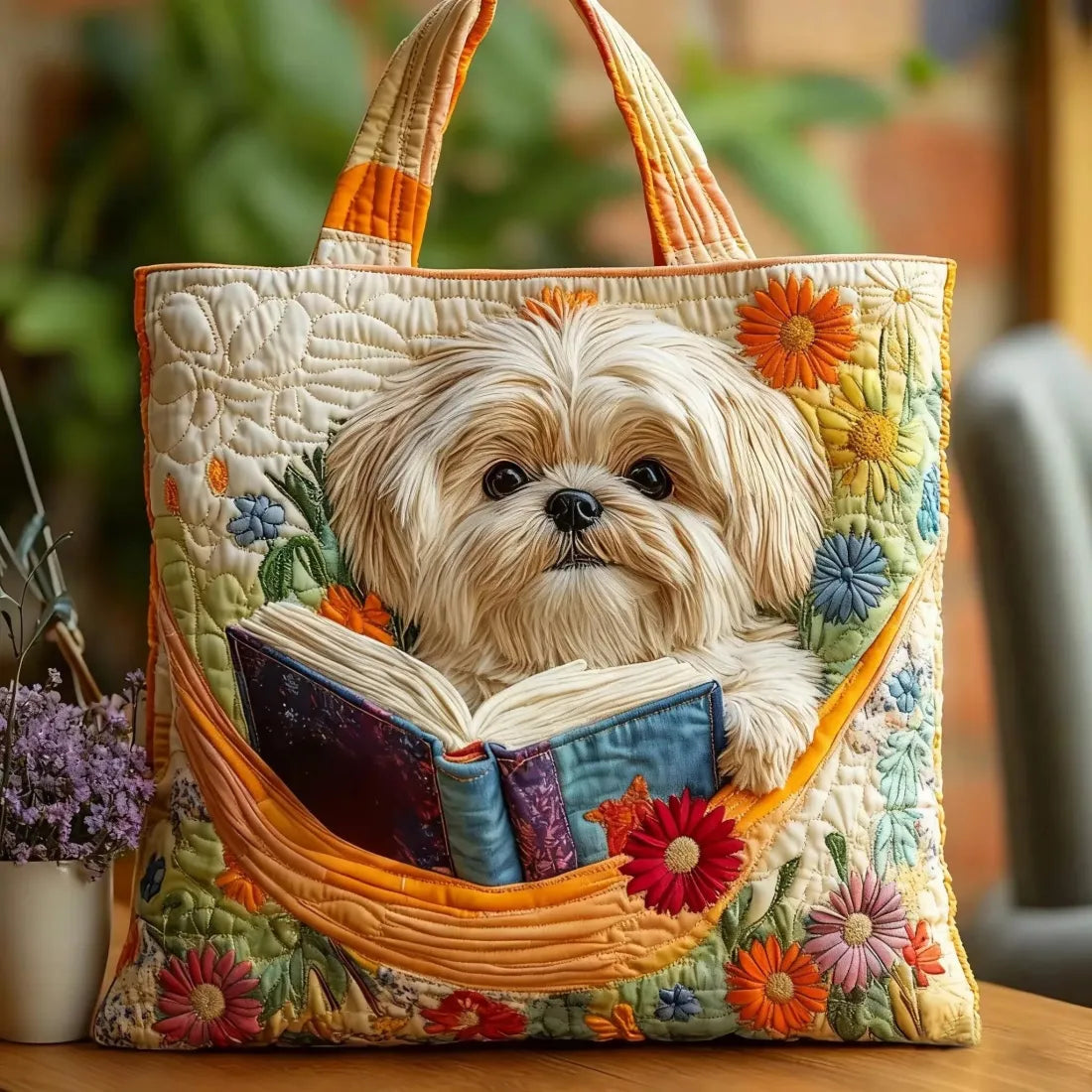 Katharina | Gesteppte Tragetasche mit Motiv Shih Tzu mit Büchern und Blumen