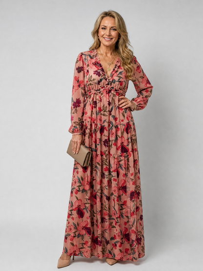 Adele | Maxikleid mit Blütendruck in Koralle