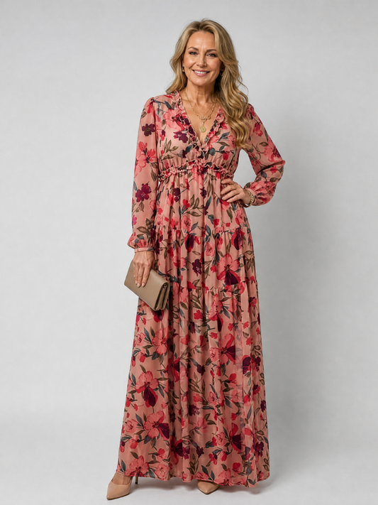 Adele | Maxikleid mit Blütendruck in Koralle
