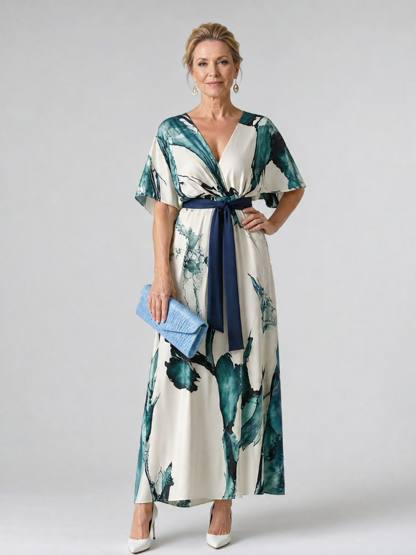 Klaudia | Maxikleid mit Blattdruck und Bindegürtel