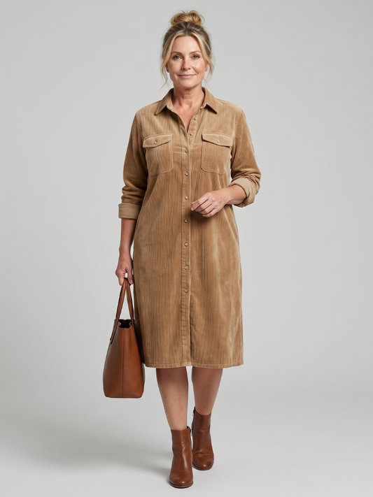 Beatrix | Hemdblusenkleid in Camel aus Cordoptik
