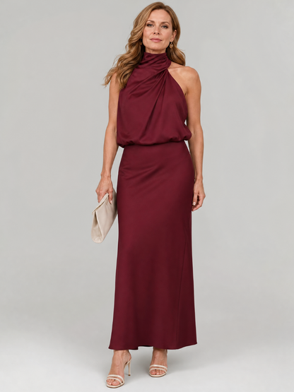 Waldtraut | Maxikleid in Bordeaux mit drapiertem Kragen