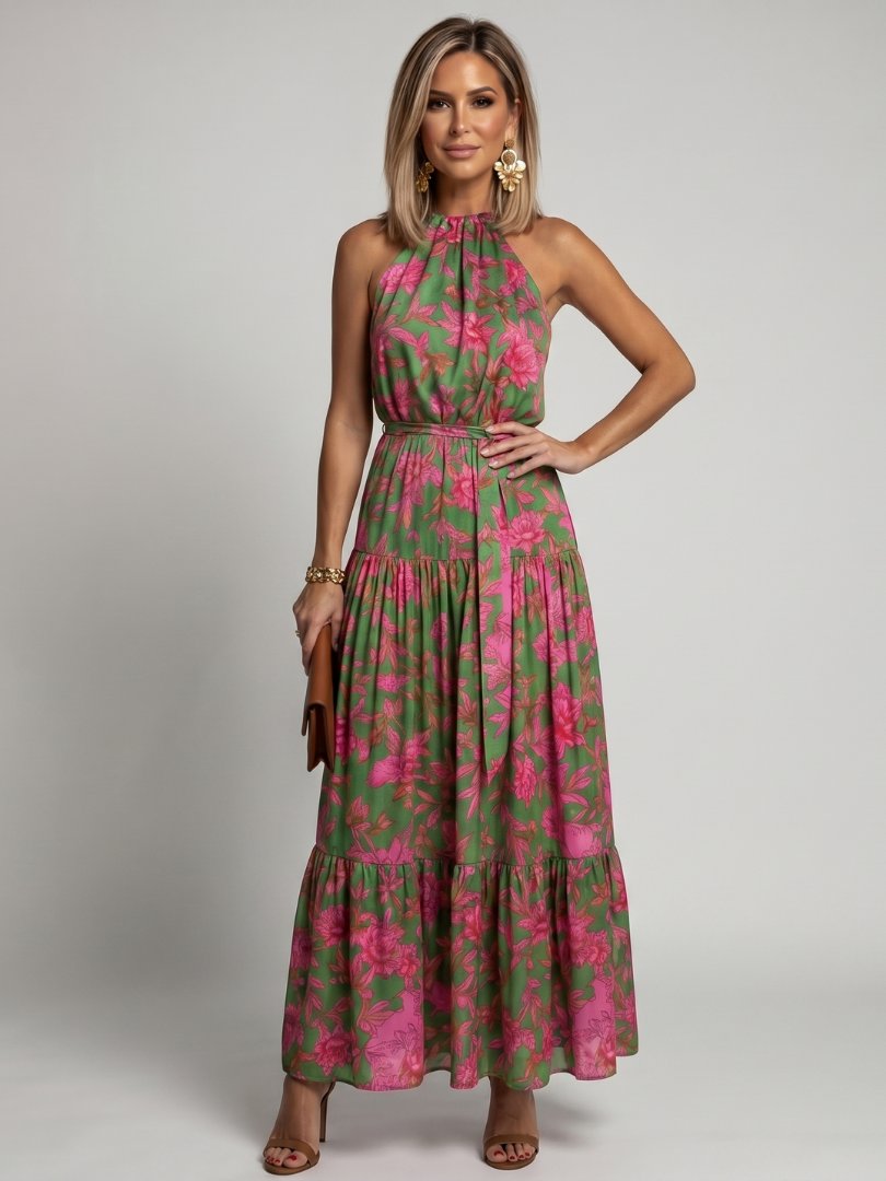 Marika-Luise | Midikleid mit Blütendruck in Grün und Pink