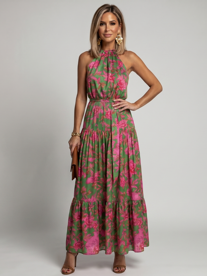 Marika-Luise | Midikleid mit Blütendruck in Grün und Pink