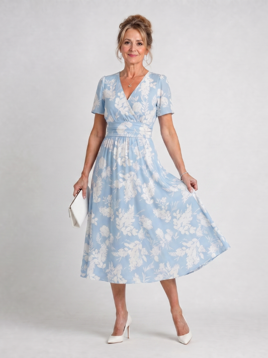 Irene | Midikleid mit Blütendruck in Hellblau