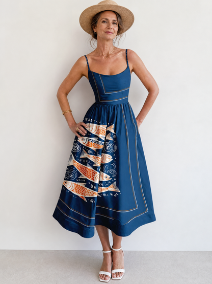 Doris | Midikleid mit Fischmuster und Kontrastsaum