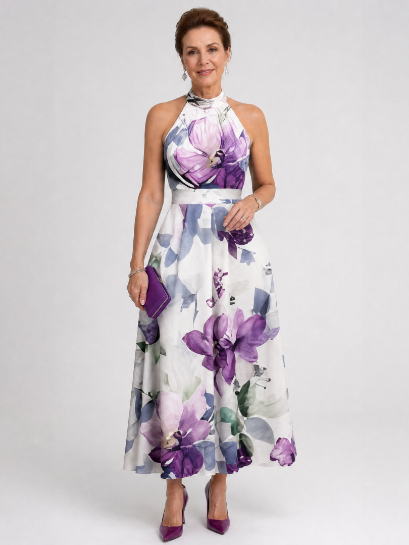 Ottilia | Midikleid mit Blütendruck in Violett