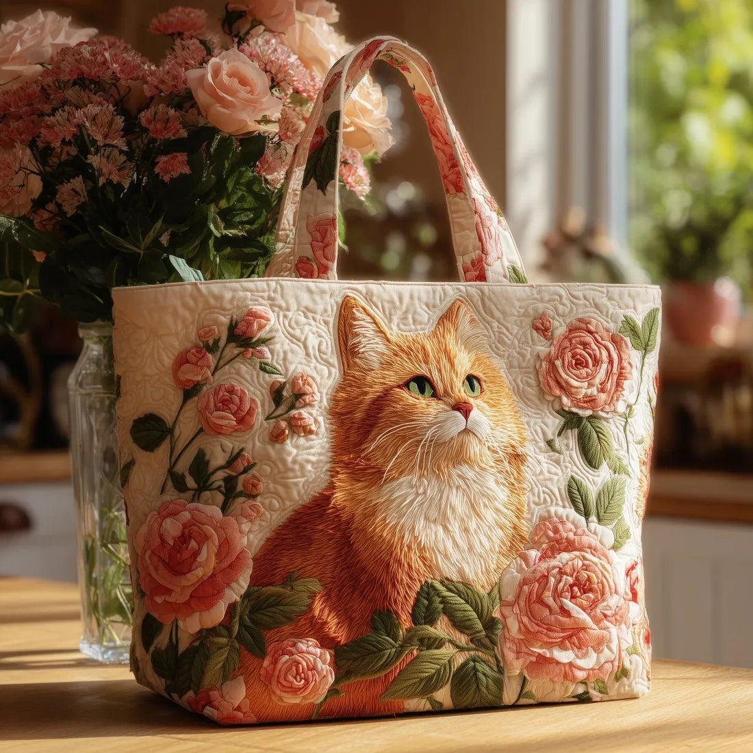 Jule | Gesteppte Tragetasche mit Motiv Rote Katze mit Rosen