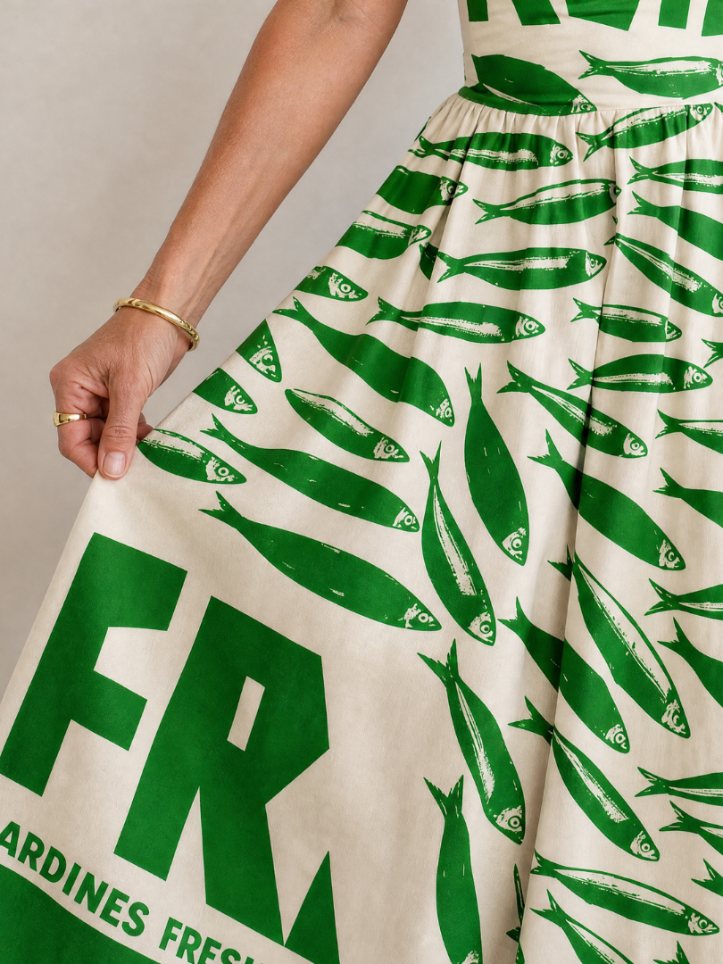 Jutta | Midikleid mit Fischdruck in Grün
