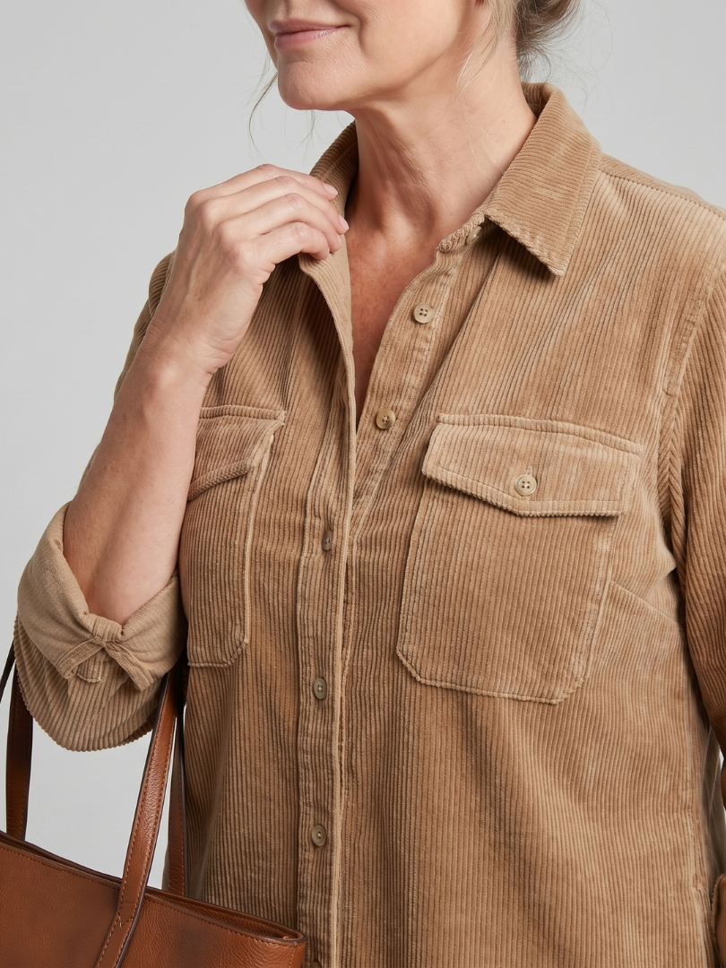 Beatrix | Hemdblusenkleid in Camel aus Cordoptik