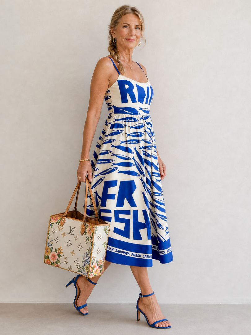 Anke | Midikleid mit Fischmuster in Blau