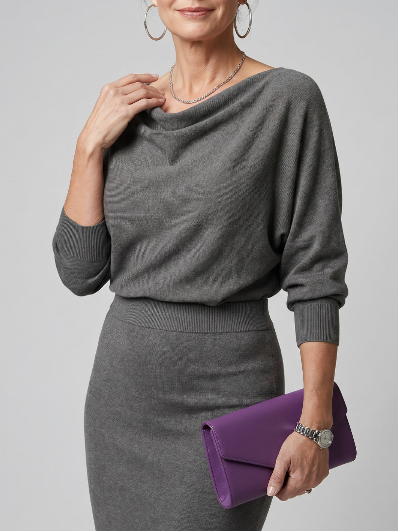 Reinhilde | Strickkleid in Grau mit Wasserfallausschnitt