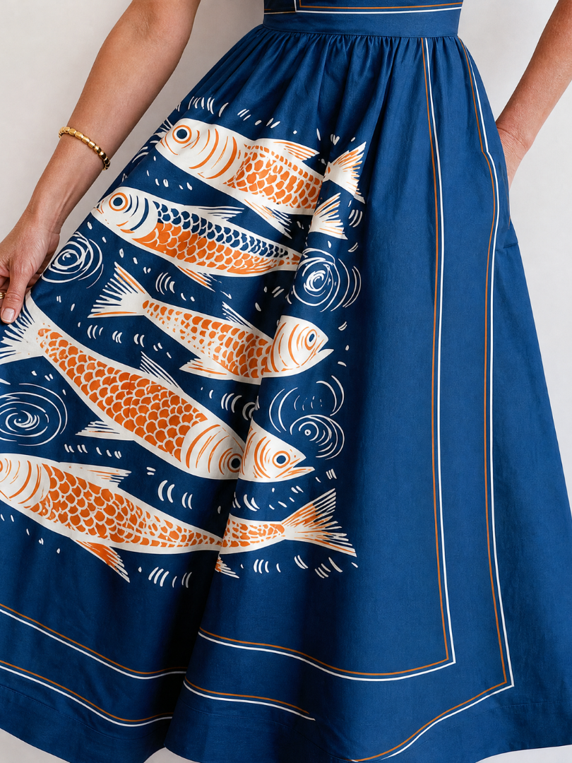 Doris | Midikleid mit Fischmuster und Kontrastsaum
