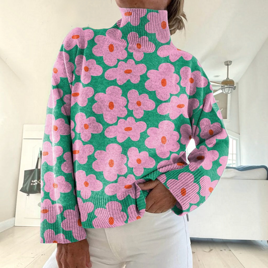 Linda | Rosa Rollkragenpullover mit Blumenmuster