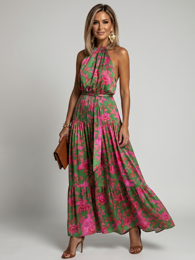 Marika-Luise | Midikleid mit Blütendruck in Grün und Pink