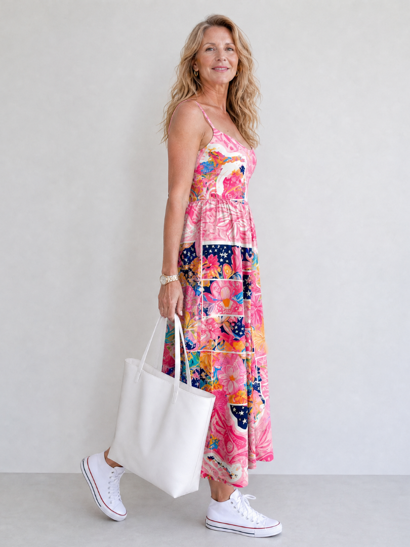 Renate | Midikleid mit Blumen-Patchwork in Rosa