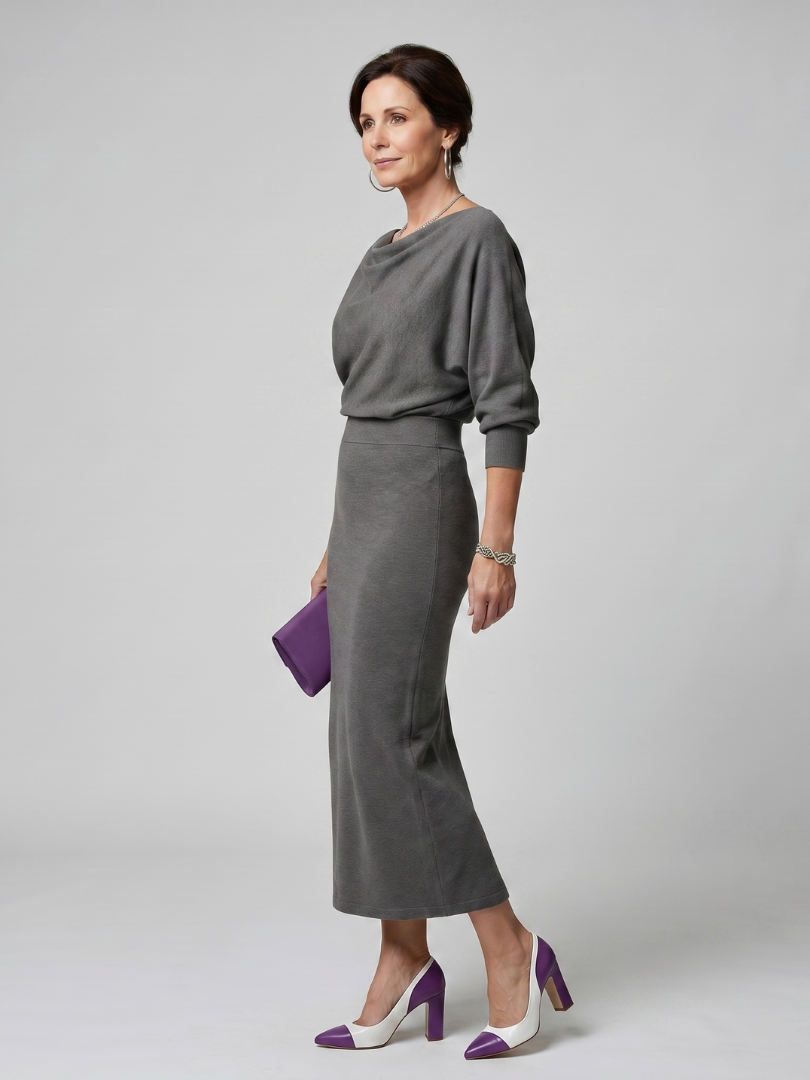 Reinhilde | Strickkleid in Grau mit Wasserfallausschnitt