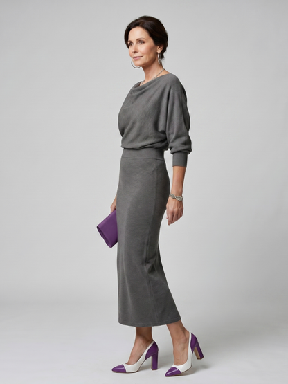Reinhilde | Strickkleid in Grau mit Wasserfallausschnitt
