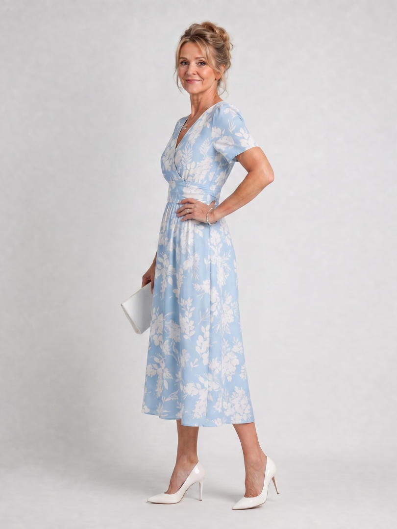 Irene | Midikleid mit Blütendruck in Hellblau